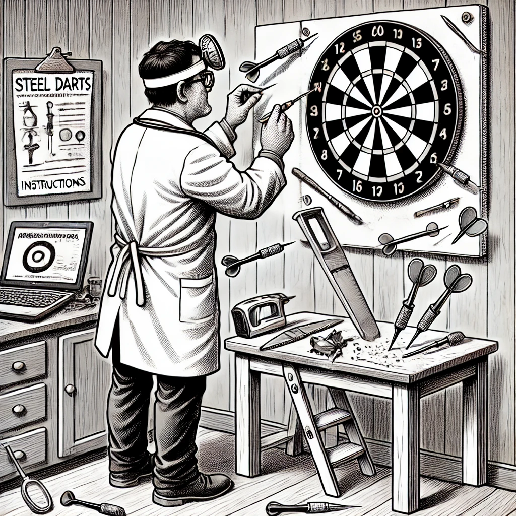 DALL·E 2025-01-18 16.08.04 - A black-and-white comic-style illustration of a doctor in a white lab coat attempting to mount a dartboard on a wall. The scene is humorous and chaoti.webp